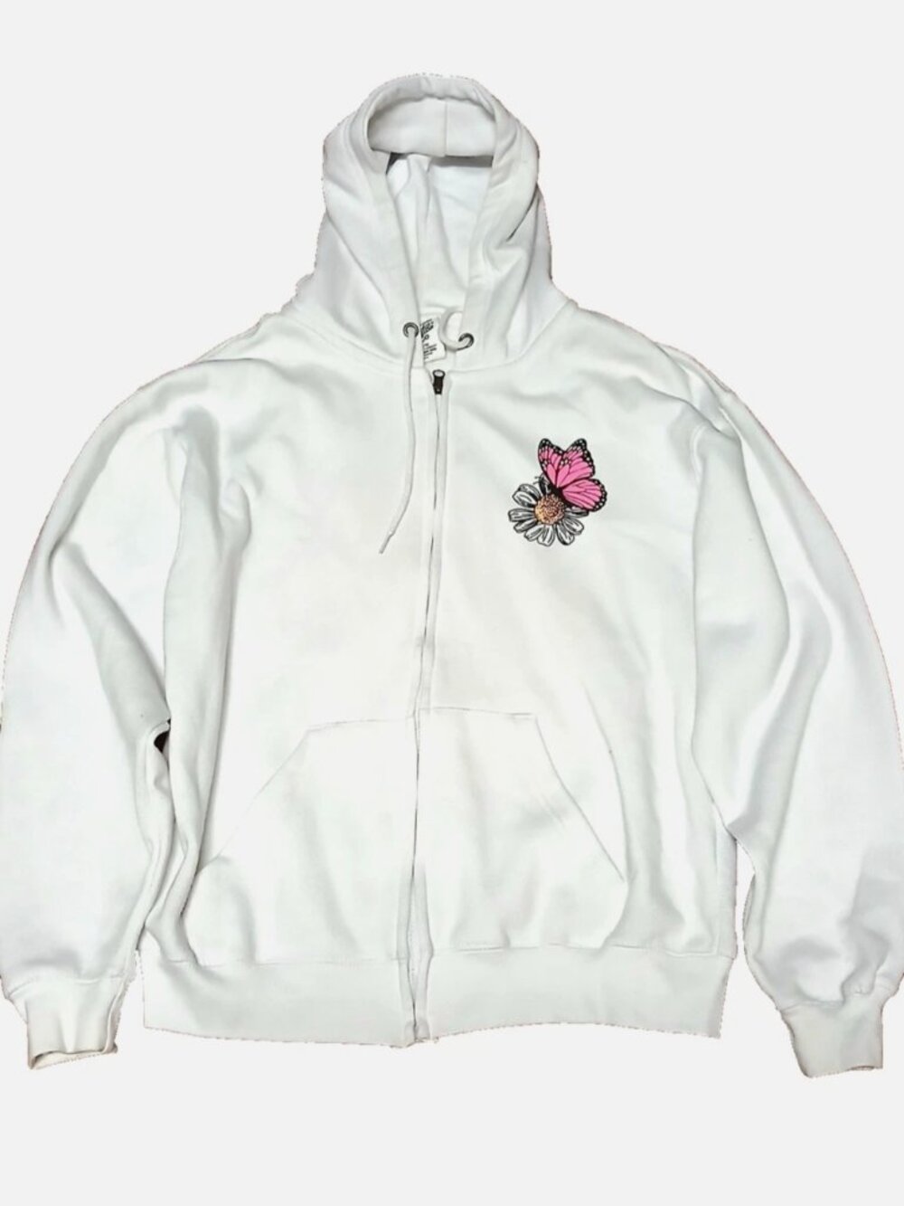 White Graphic Women’s Zip Up Hoodie With Daisy Pink Butterfly Size Medium